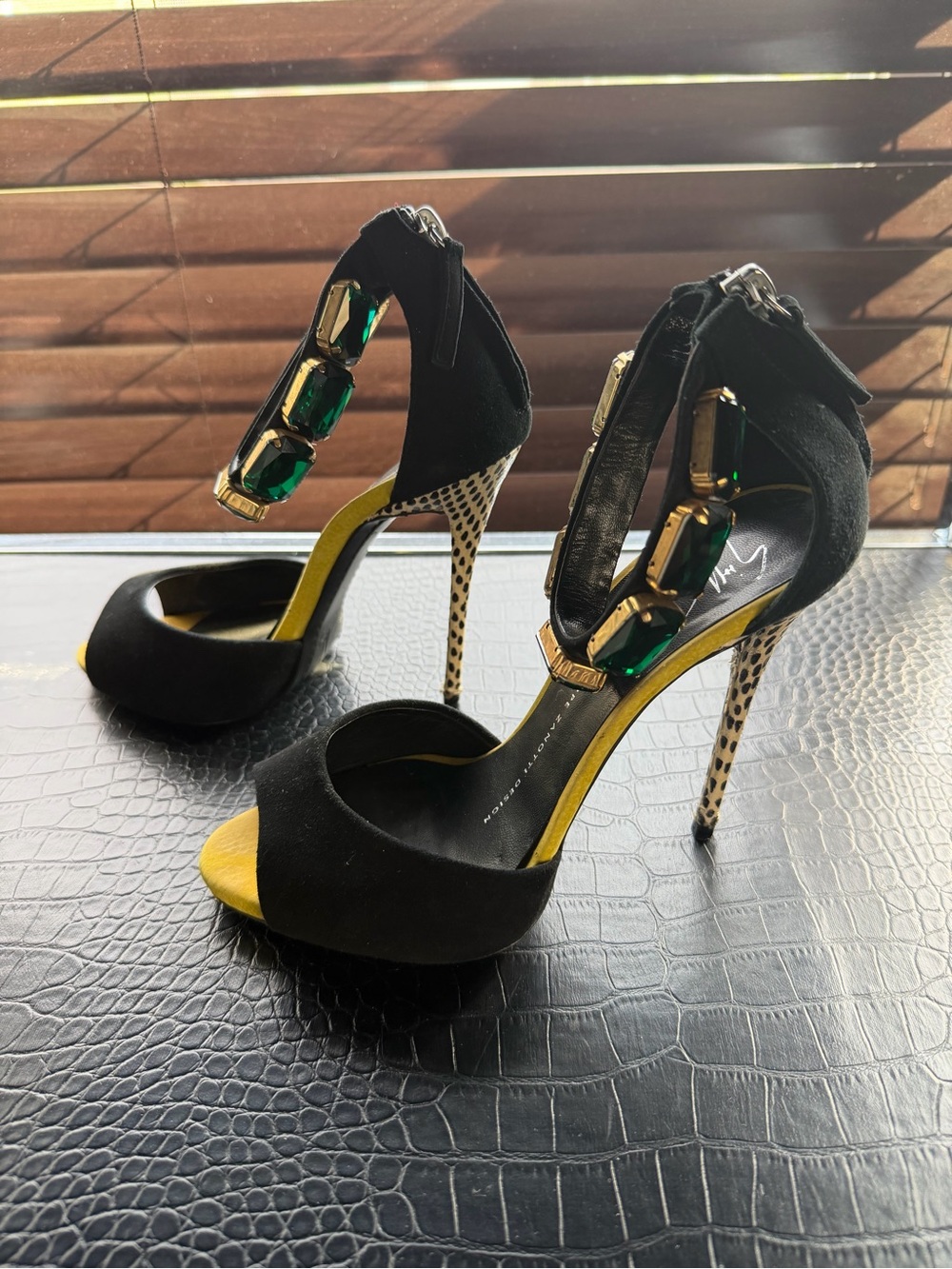 Giuseppe Zanotti Black and Yellow High Heel Sandals with Emerald Accents